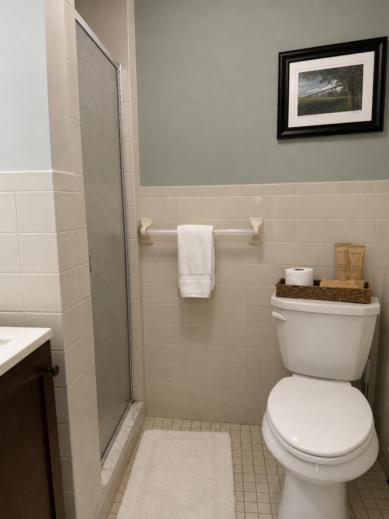 Twin Bedroom with Private Bathroom | Room 1 Storm King Lodge Room 1 Bathroom with Shower