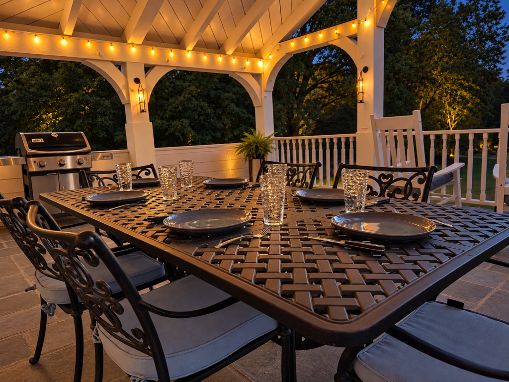 Entire Lodge Rental Storm King Lodge Veranda Dining and Evening Lights